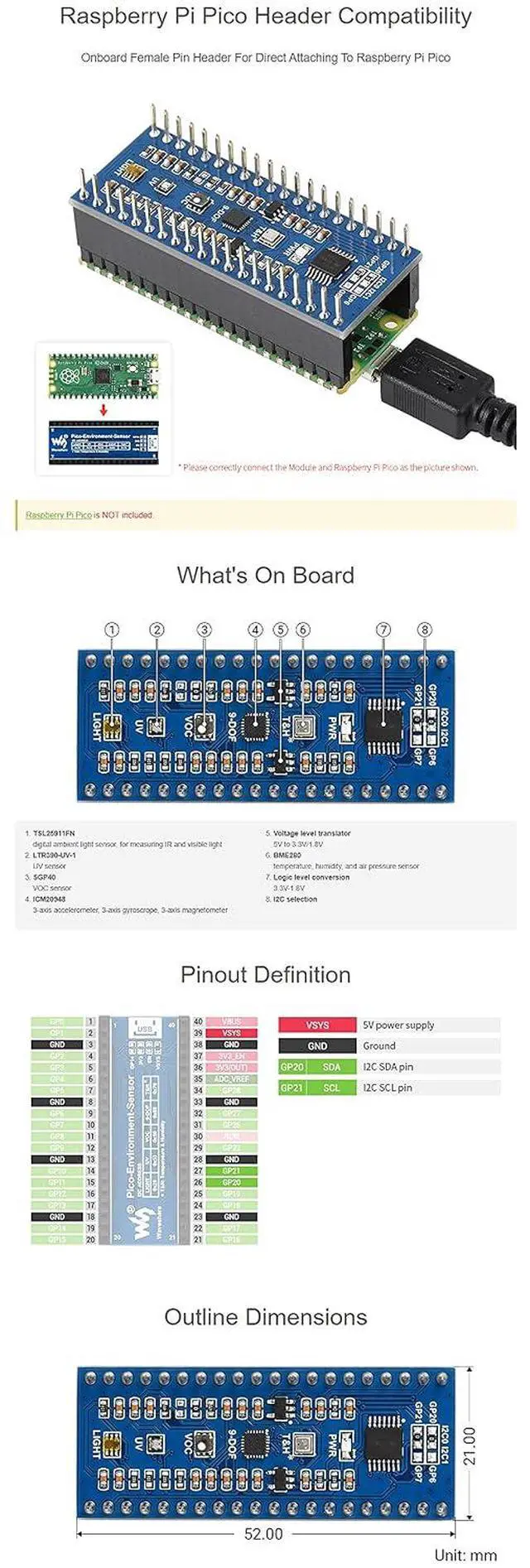 Alt view image 6 of 7 - Environment Sensors Module for Raspberry Pi Pico Series, I2C Bus, Onboard TSL25911FN Light Sensor,BME280 Sensor,ICM20948 Motion Sensor,etc