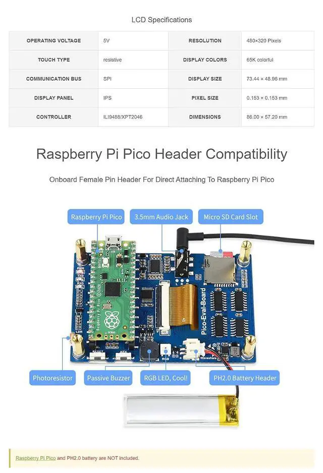 Alt view image 5 of 7 - Overall Evaluation Board Designed for Raspberry Pi Pico,65K Colorful IPS Touch Screen, Misc Onboard Components for Easily Evaluating The RP2040