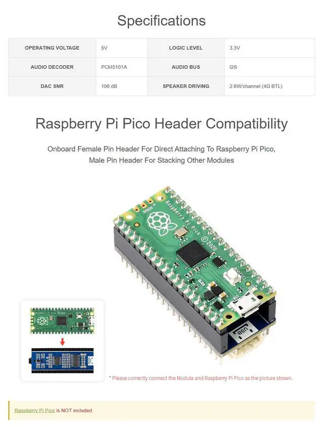 Alt view image 5 of 7 - Audio Expansion Module for Raspberry Pi Pico, Headphone and Speaker Signal Output at The Same Time, Wide Range Audio Sampling Rate