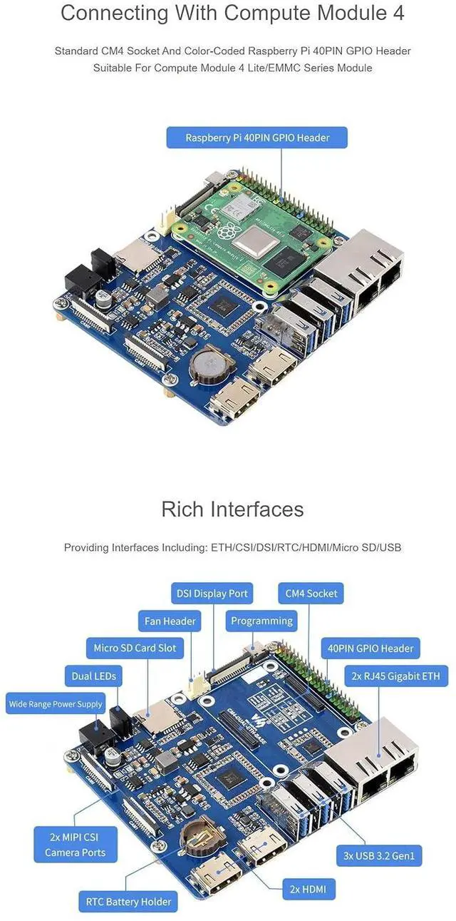 Alt view image 6 of 7 - Dual Gigabit Ethernet Base Board Designed for All Variants of Raspberry Pi Compute Module 4,Suitable for Evaluating The CM4
