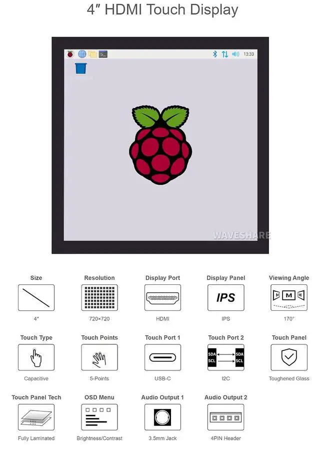 Alt view image 4 of 7 - 4inch HDMI Capacitive Touch IPS LCD Display C Version for Raspberry Pi/Jetson Nano/PC, Fully Laminated Screen,720×720 Resolution