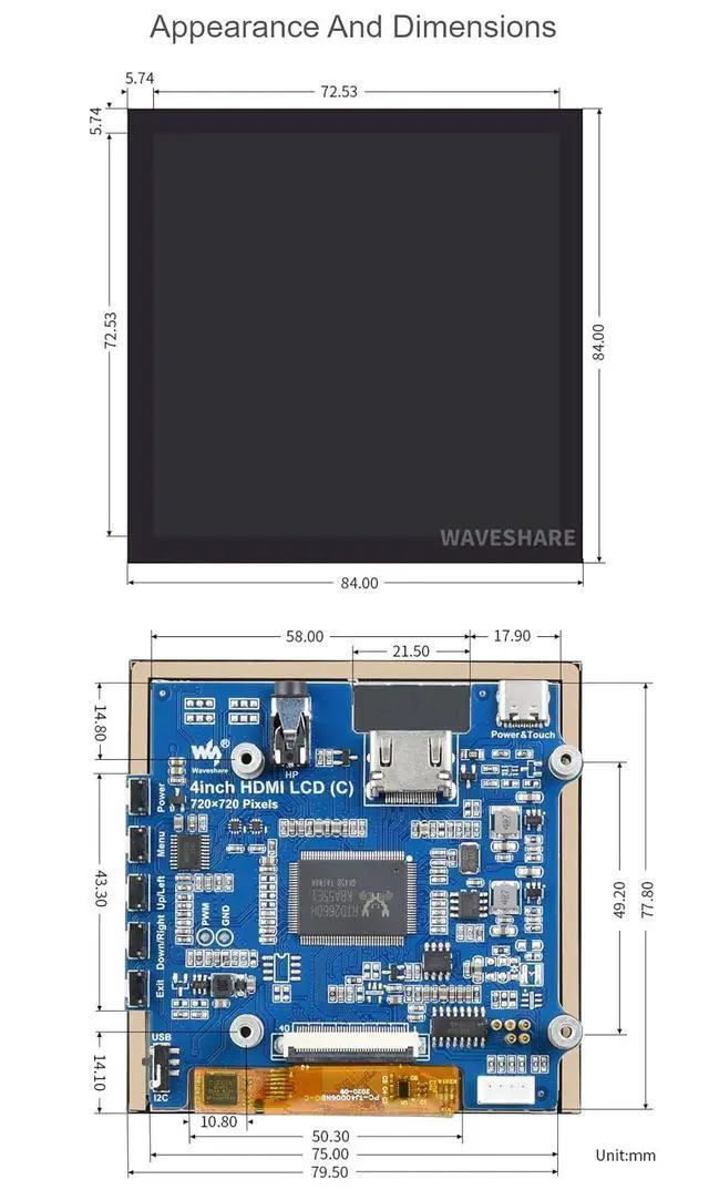 Alt view image 7 of 7 - 4inch HDMI Capacitive Touch IPS LCD Display C Version for Raspberry Pi/Jetson Nano/PC, Fully Laminated Screen,720×720 Resolution