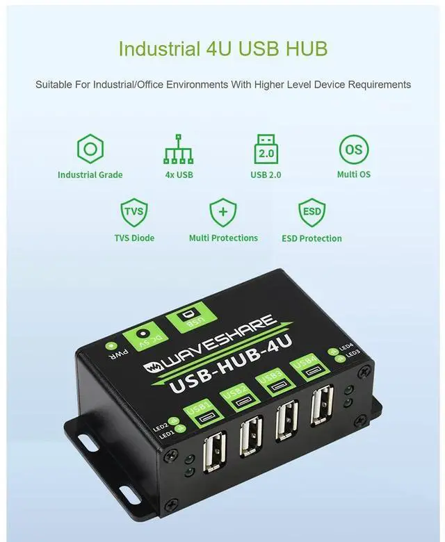 Alt view image 4 of 7 - Industrial Grade USB HUB, with Metal Case, Extending 4X USB 2.0 Ports, ESD Protection, Support Multiple OS, Plug & Play