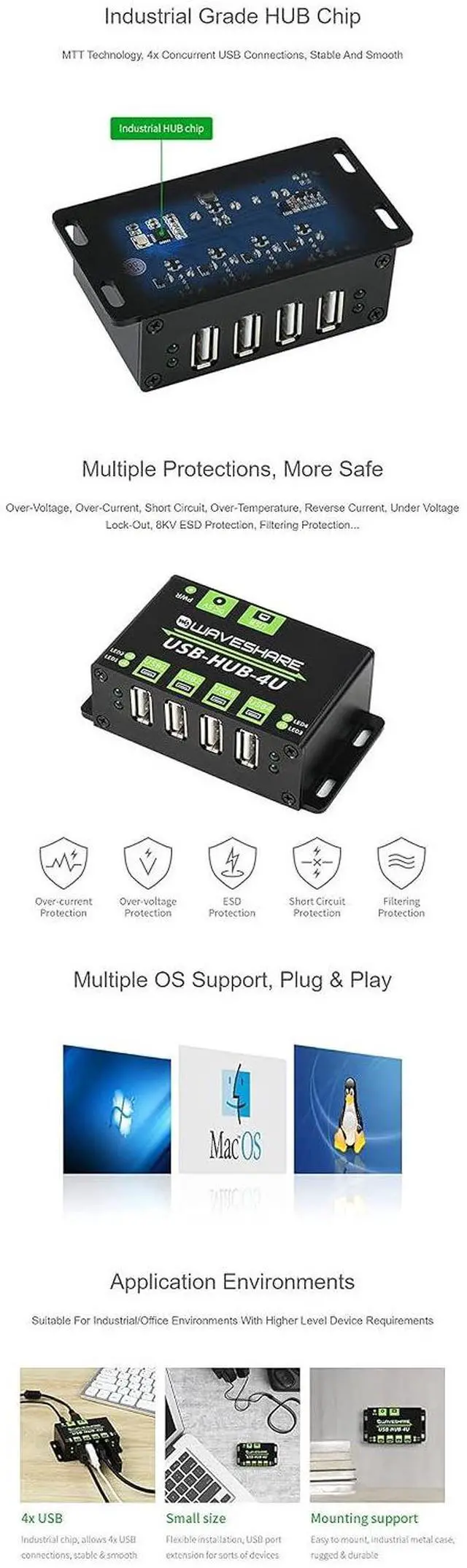 Alt view image 6 of 7 - Industrial Grade USB HUB, with Metal Case, Extending 4X USB 2.0 Ports, ESD Protection, Support Multiple OS, Plug & Play