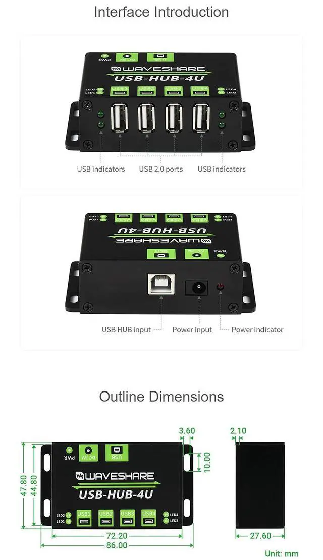 Alt view image 7 of 7 - Industrial Grade USB HUB, with Metal Case, Extending 4X USB 2.0 Ports, ESD Protection, Support Multiple OS, Plug & Play