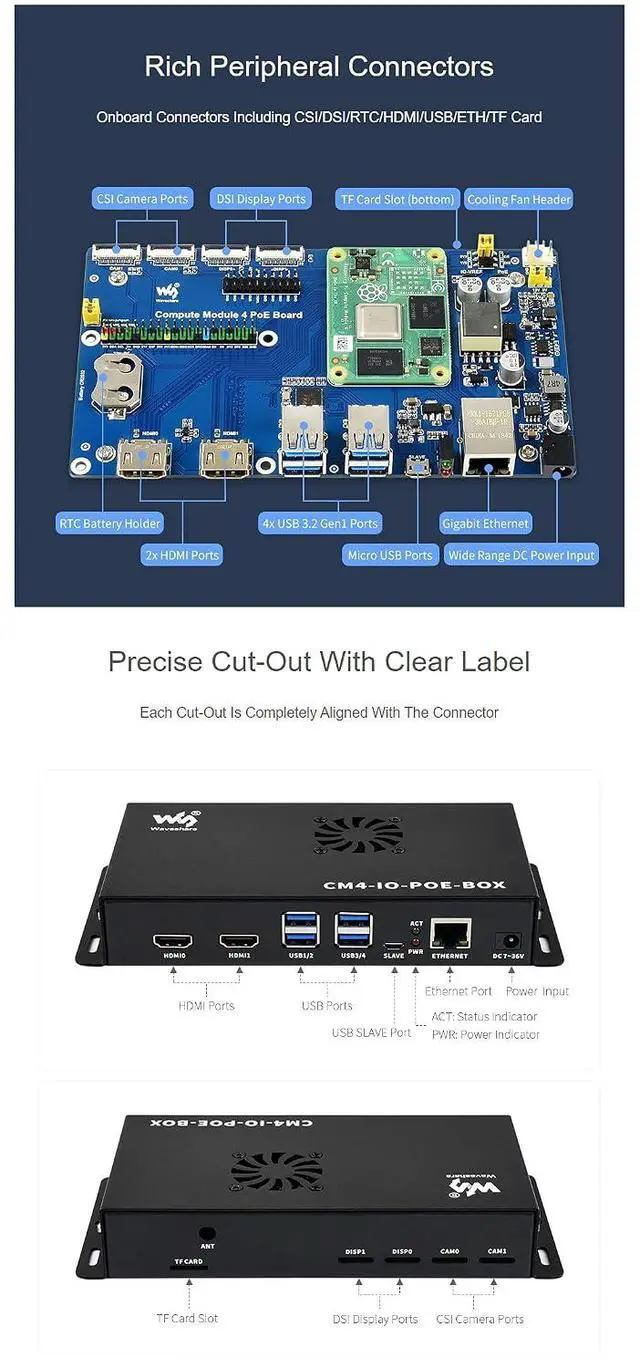 Alt view image 4 of 7 - PoE Mini-Computer Based on for Raspberry Pi Compute Module 4 (CM4 NOT Included), Rich Peripheral Connectors, Metal Case, Cooling Fan Inside