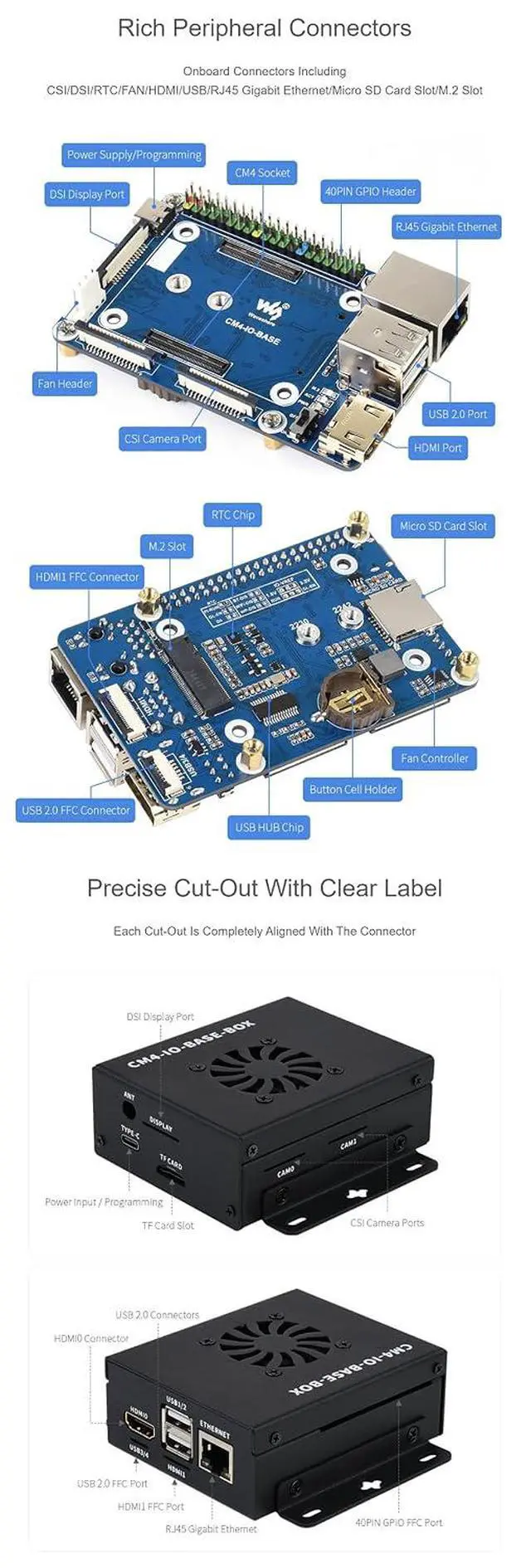 Alt view image 5 of 7 - Mini-Computer Based On Pi Compute Module 4 (CM4 NOT Included), Mini IO Board Full Version,Cooling Fan Inside, Metal Case Cov