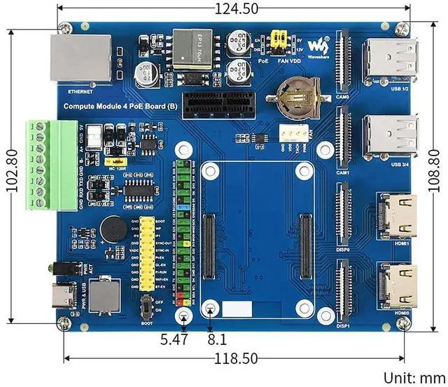 Alt view image 7 of 7 - for Raspberry Pi Compute Module 4 IO Board with PoE Feature (Type B), for All Version of CM4 with Color-Coded 40PIN GPIO Header