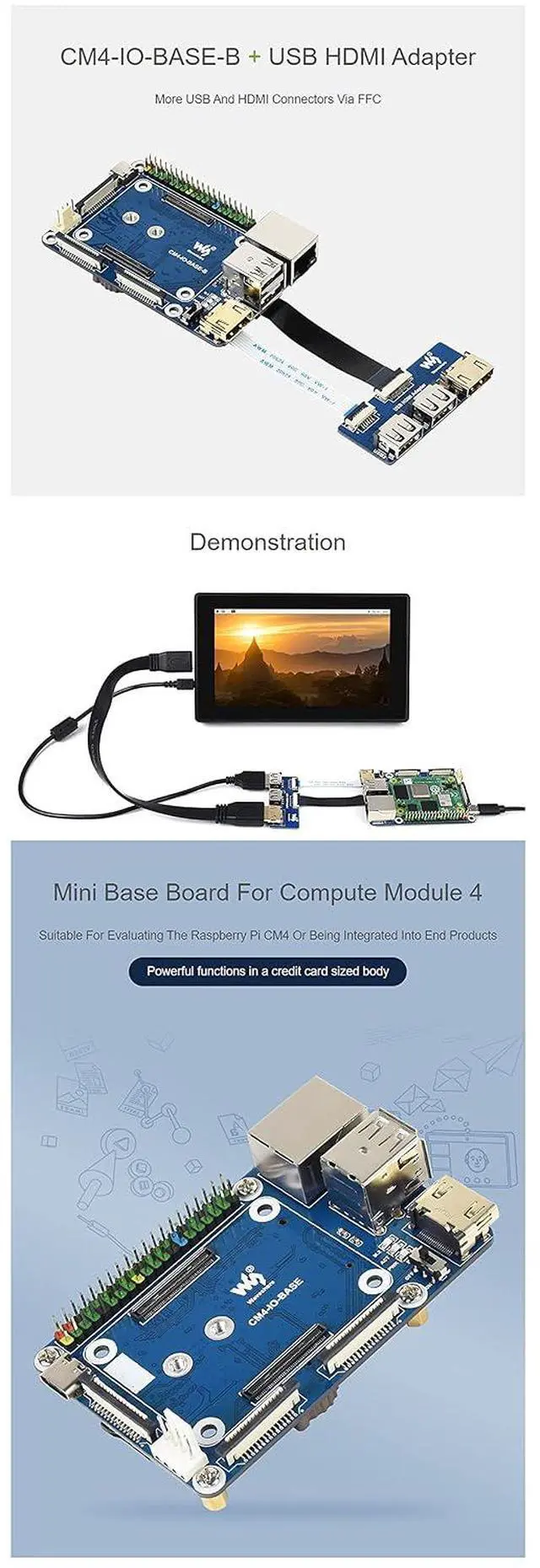 Alt view image 4 of 7 - CM4-IO-BASE-B + USB HDMI Adapter, for Raspberry Pi Compute Module 4 More USB and HDMI Connectors Via FFC