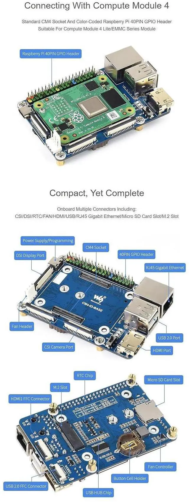 Alt view image 5 of 7 - CM4-IO-BASE-B + USB HDMI Adapter, for Raspberry Pi Compute Module 4 More USB and HDMI Connectors Via FFC