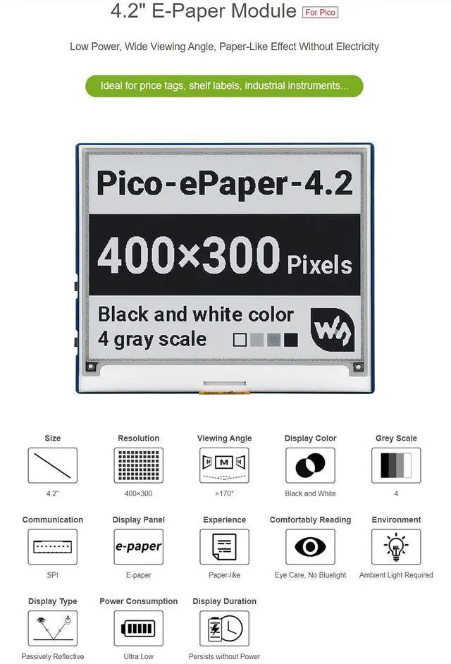 Alt view image 4 of 7 - 4.2inch E-Paper E-Ink Display Module for Raspberry Pi Pico Series, Wide Viewing Angle, Black/White Two Color, 400×300 Pixels, SPI Interface