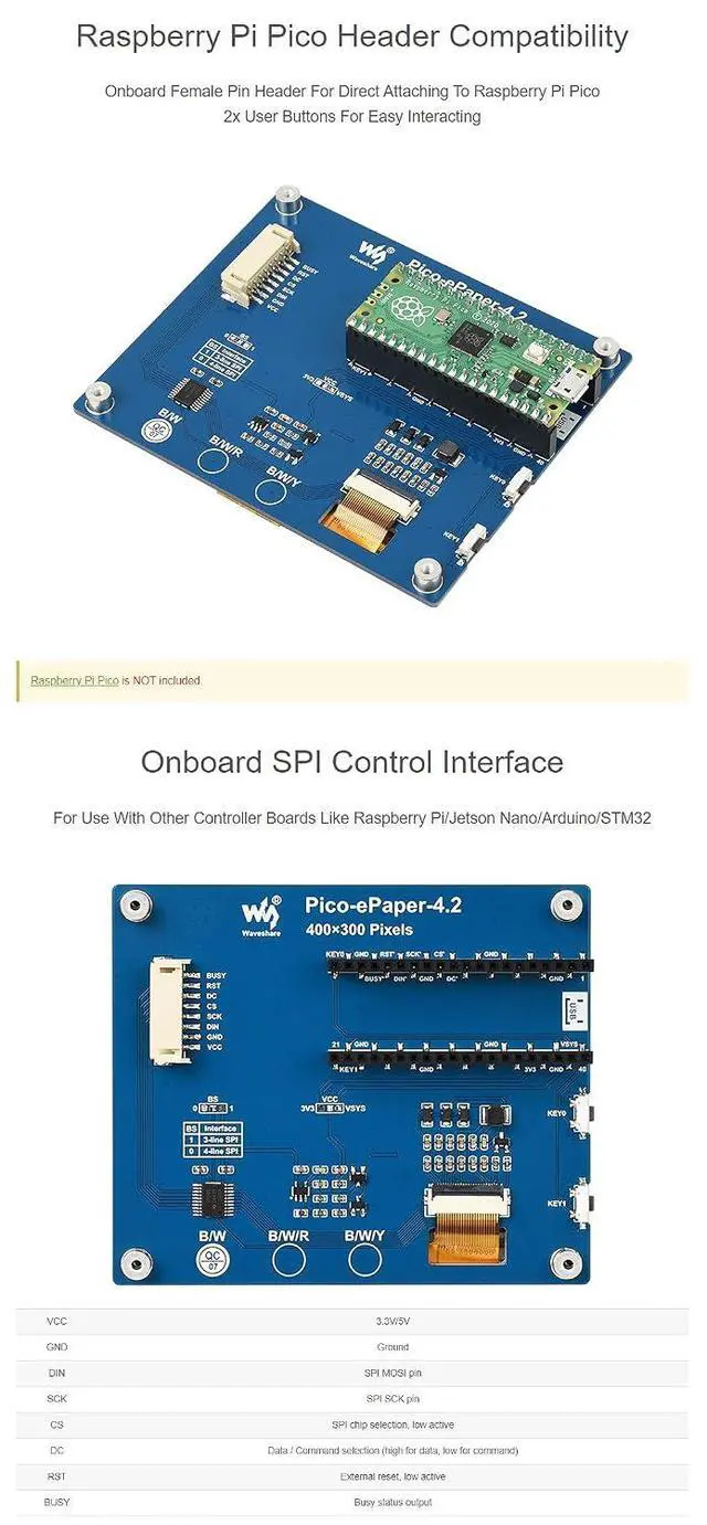 Alt view image 6 of 7 - 4.2inch E-Paper E-Ink Display Module for Raspberry Pi Pico Series, Wide Viewing Angle, Black/White Two Color, 400×300 Pixels, SPI Interface