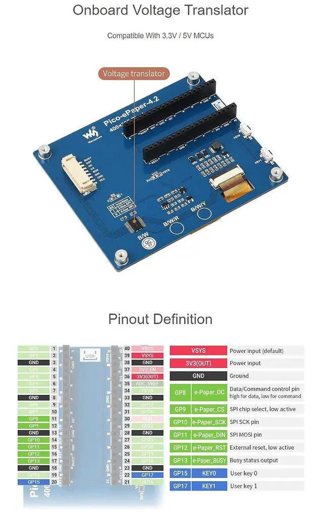 Alt view image 7 of 7 - 4.2inch E-Paper E-Ink Display Module for Raspberry Pi Pico Series, Wide Viewing Angle, Black/White Two Color, 400×300 Pixels, SPI Interface
