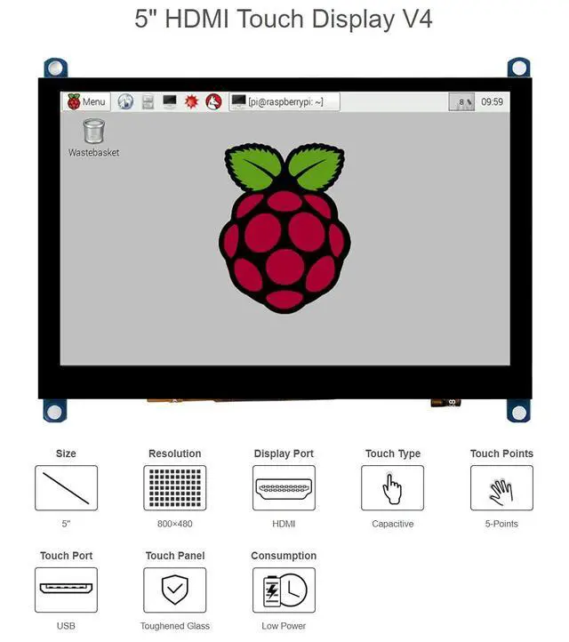 Alt view image 5 of 7 - 5inch Capacitive Touch Screen LCD (H) Slimmed-Down Version for Raspberry Pi & PC, 800×480, HDMI, Toughened Glass Panel, Low Power Consumption