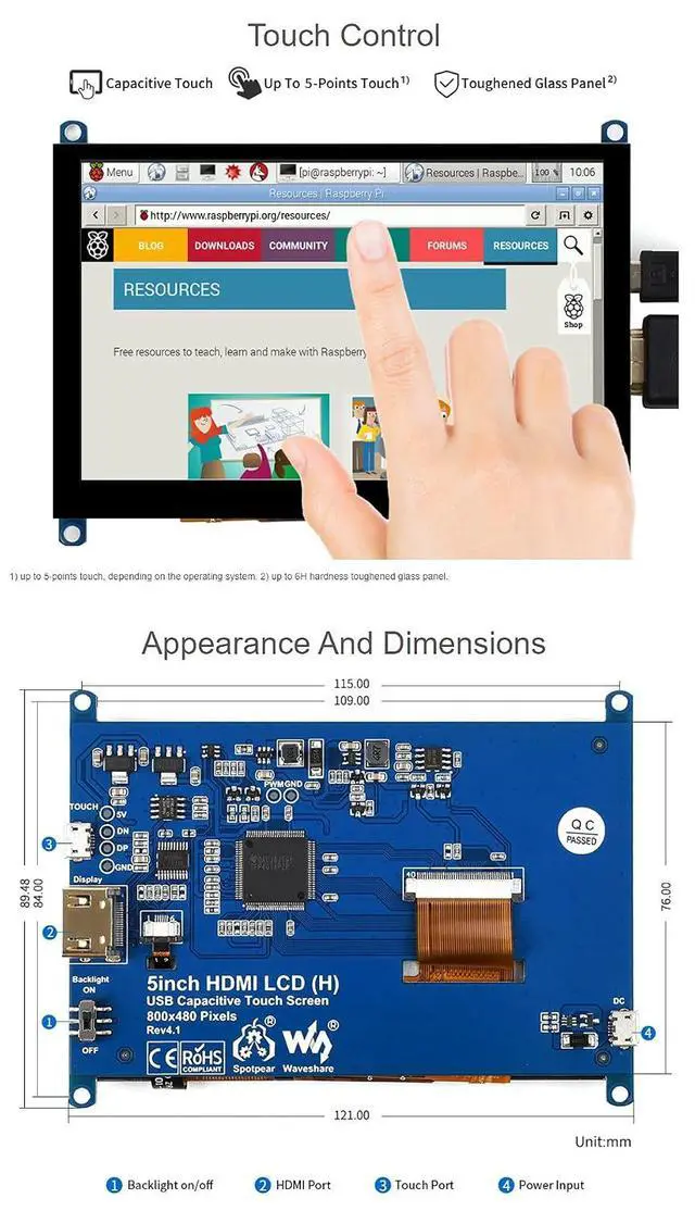 Alt view image 7 of 7 - 5inch Capacitive Touch Screen LCD (H) Slimmed-Down Version for Raspberry Pi & PC, 800×480, HDMI, Toughened Glass Panel, Low Power Consumption