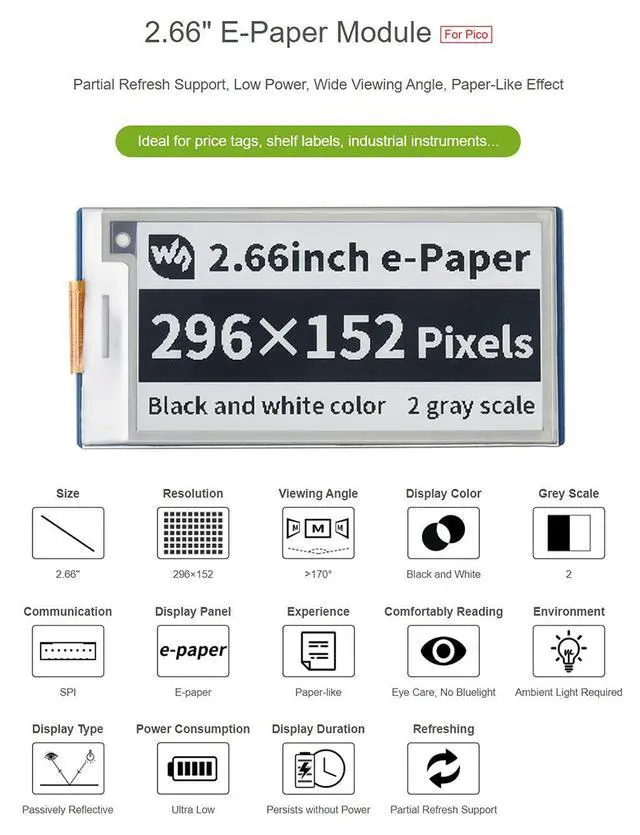 Alt view image 4 of 7 - 2.66inch E-Paper E-Ink Display Module for Raspberry Pi Pico, 296×152 Pixels, Black/White,Partial Refresh Support, SPI Interface