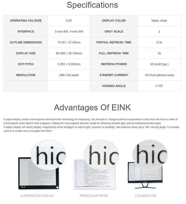 Alt view image 5 of 7 - 2.66inch E-Paper E-Ink Display Module for Raspberry Pi Pico, 296×152 Pixels, Black/White,Partial Refresh Support, SPI Interface