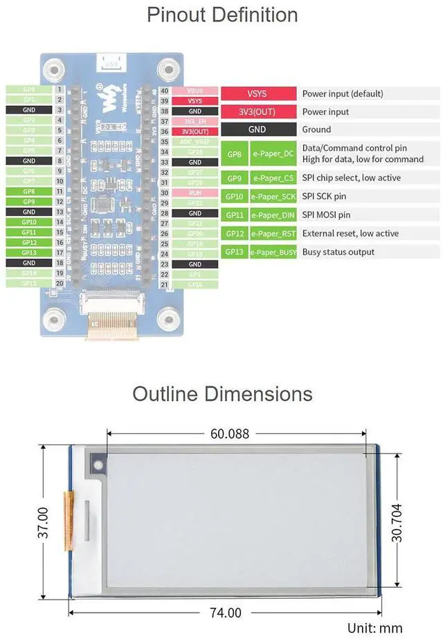 Alt view image 7 of 7 - 2.66inch E-Paper E-Ink Display Module for Raspberry Pi Pico, 296×152 Pixels, Black/White,Partial Refresh Support, SPI Interface