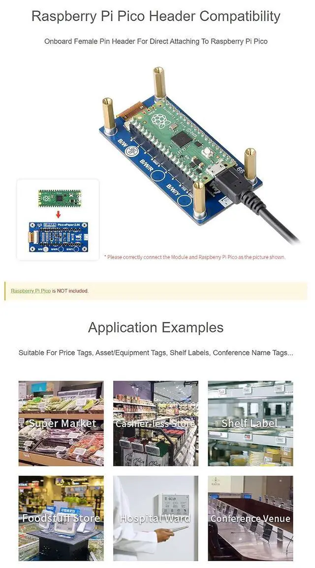 Alt view image 6 of 7 - 2.66inch E-Paper E-Ink Display Module for Raspberry Pi Pico, 296×152 Pixels, Black/White,Partial Refresh Support, SPI Interface