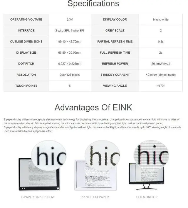Alt view image 5 of 6 - 2.9inch Touch E-Paper Module for Raspberry Pi Pico, 5-Points Touch, 296×128 Pixels, Support Partial Refresh, Black/White, SPI Interface