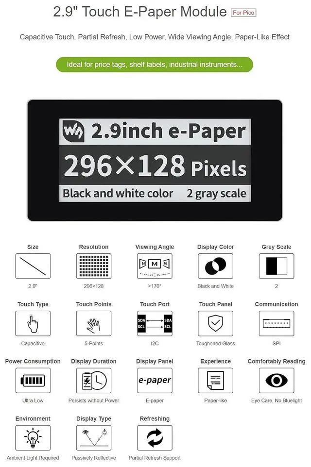 Alt view image 4 of 6 - 2.9inch Touch E-Paper Module for Raspberry Pi Pico, 5-Points Touch, 296×128 Pixels, Support Partial Refresh, Black/White, SPI Interface
