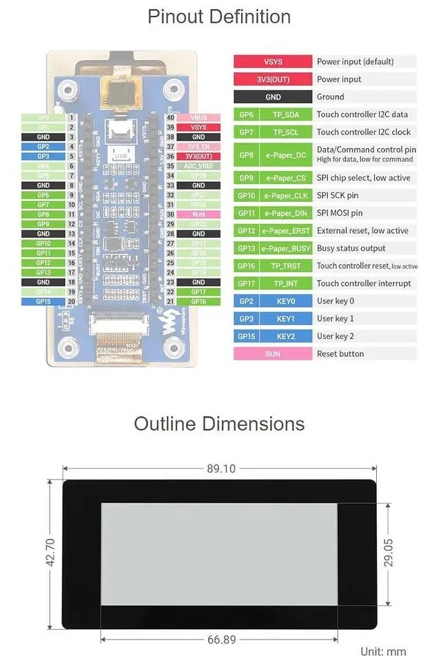 Alt view image 6 of 6 - 2.9inch Touch E-Paper Module for Raspberry Pi Pico, 5-Points Touch, 296×128 Pixels, Support Partial Refresh, Black/White, SPI Interface