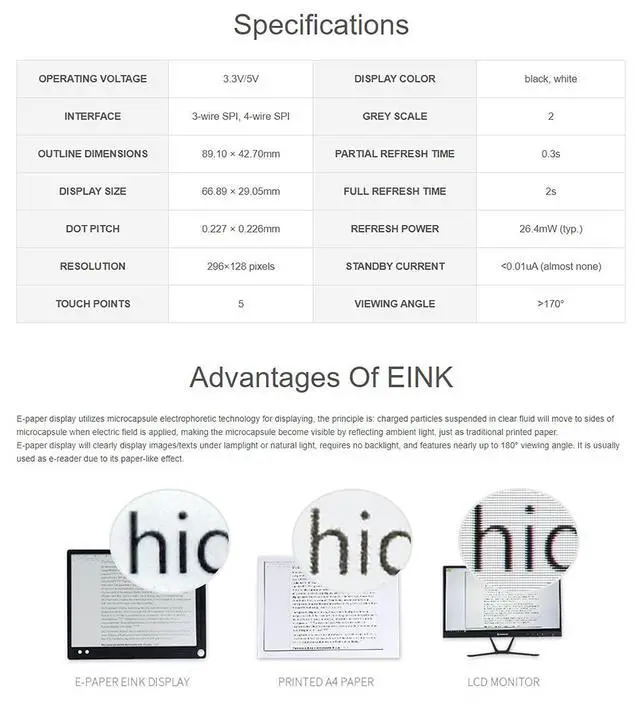 Alt view image 5 of 7 - 2.9inch Touch E-Paper E-Ink Display HAT for Raspberry Pi Series Board, 5-Points Capacitive Touch, 5-Points Touch,296×128 Pixels, SPI Interface