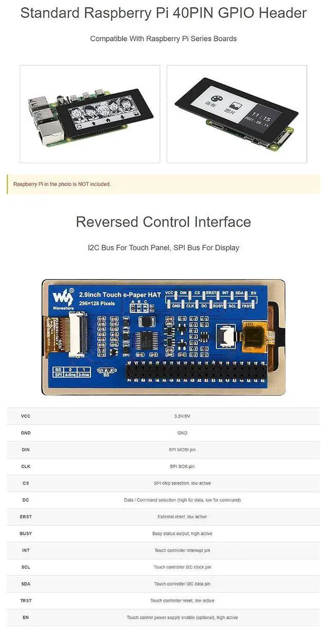 Alt view image 6 of 7 - 2.9inch Touch E-Paper E-Ink Display HAT for Raspberry Pi Series Board, 5-Points Capacitive Touch, 5-Points Touch,296×128 Pixels, SPI Interface