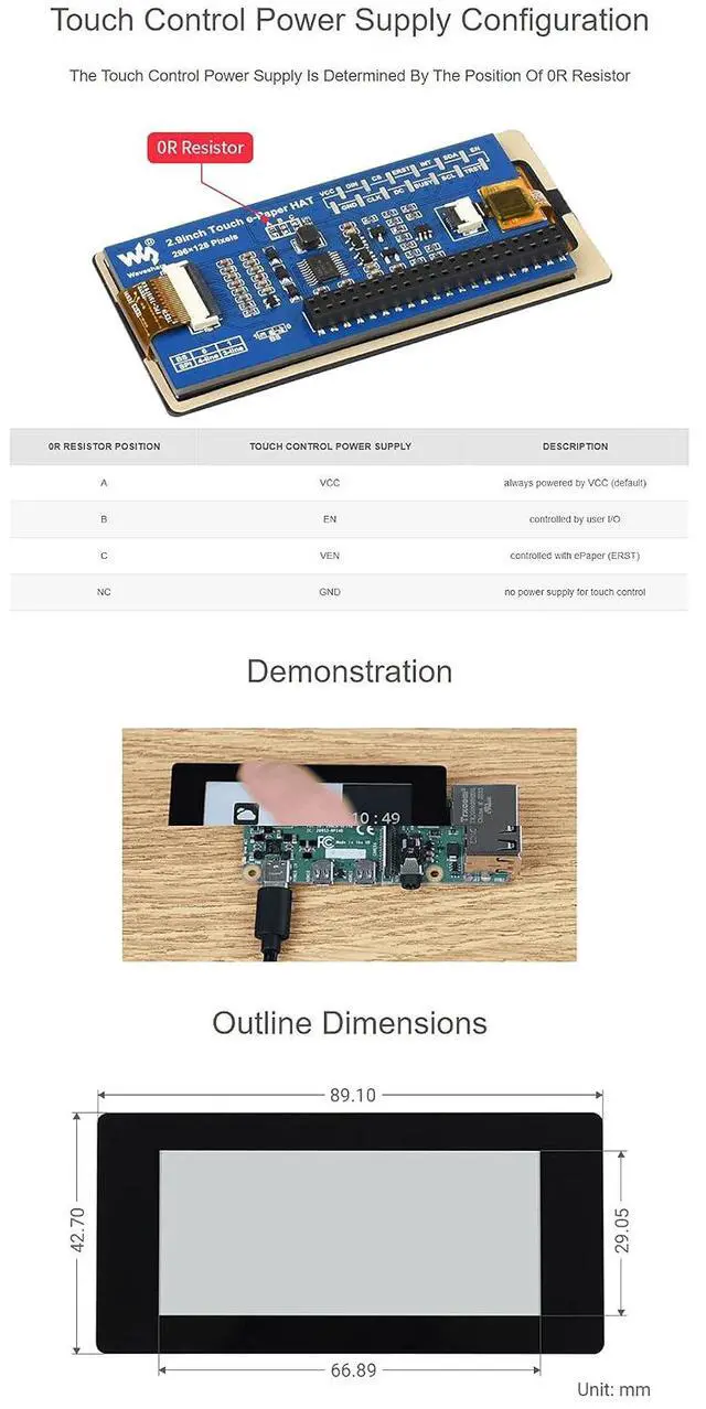 Alt view image 7 of 7 - 2.9inch Touch E-Paper E-Ink Display HAT for Raspberry Pi Series Board, 5-Points Capacitive Touch, 5-Points Touch,296×128 Pixels, SPI Interface