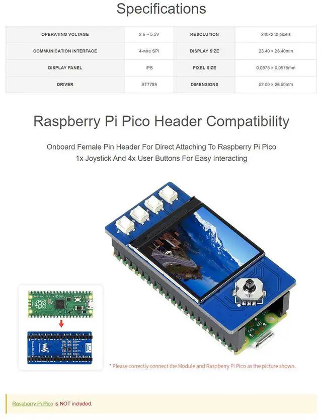 Alt view image 6 of 7 - 1.3inch LCD Display Module for Raspberry Pi Pico Series Board,Embedded ST7789 Driver, Using SPI Bus, 65K RGB Colors, 240×240 Pixels
