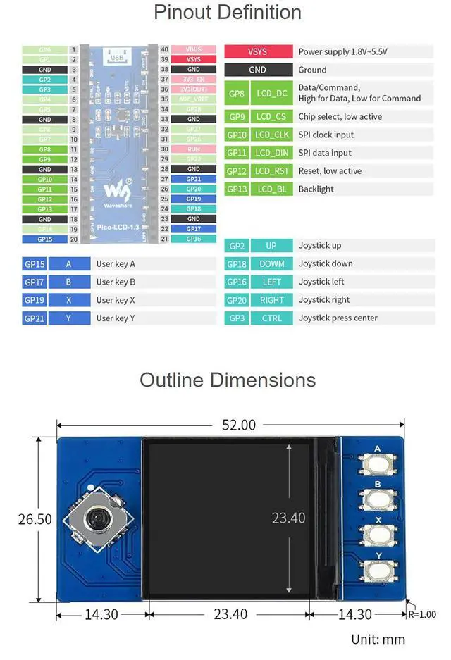 Alt view image 7 of 7 - 1.3inch LCD Display Module for Raspberry Pi Pico Series Board,Embedded ST7789 Driver, Using SPI Bus, 65K RGB Colors, 240×240 Pixels