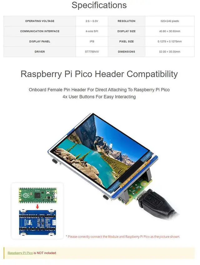Alt view image 6 of 7 - 2inch LCD Display Module HAT for Raspberry Pi Pico, Embedded ST7789VW Driver, Using SPI Bus, 320×240 Pixels, 65K Colors