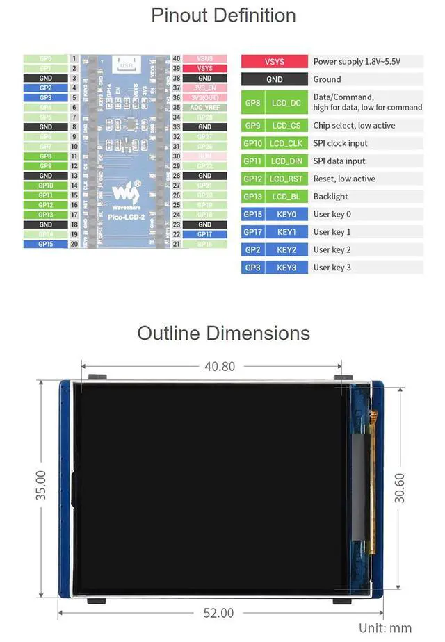Alt view image 7 of 7 - 2inch LCD Display Module HAT for Raspberry Pi Pico, Embedded ST7789VW Driver, Using SPI Bus, 320×240 Pixels, 65K Colors