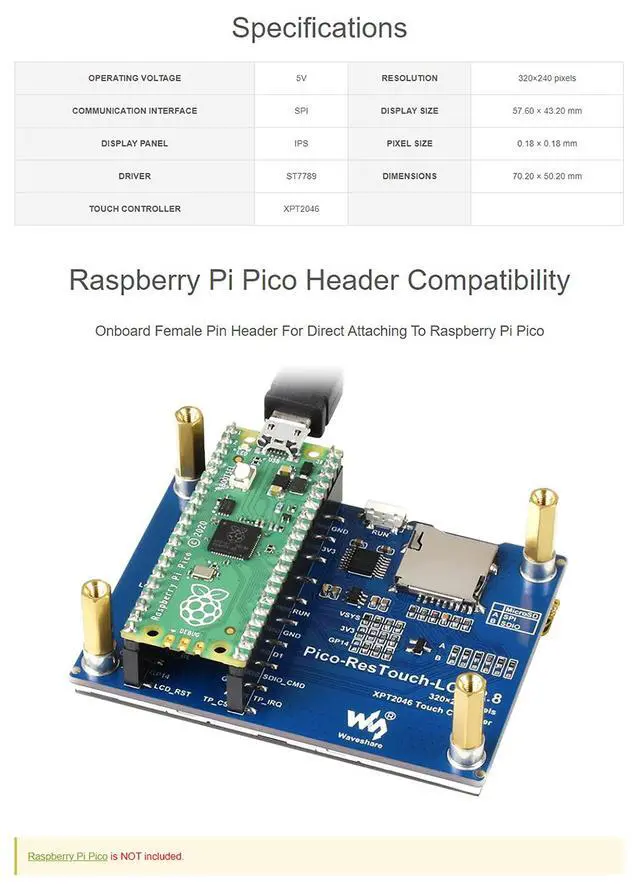Alt view image 5 of 7 - 2.8inch Touch Display Module for Raspberry Pi Pico Series with XPT2046 and ST7789 Driver, 262K Colors, 320×240 Pixels, Using SPI Bus