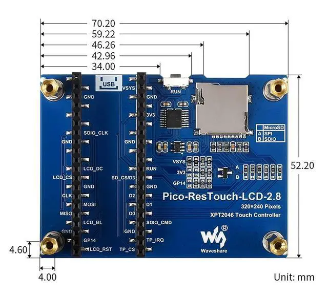 Alt view image 7 of 7 - 2.8inch Touch Display Module for Raspberry Pi Pico Series with XPT2046 and ST7789 Driver, 262K Colors, 320×240 Pixels, Using SPI Bus
