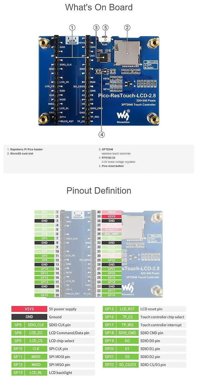 Alt view image 6 of 7 - 2.8inch Touch Display Module for Raspberry Pi Pico Series with XPT2046 and ST7789 Driver, 262K Colors, 320×240 Pixels, Using SPI Bus