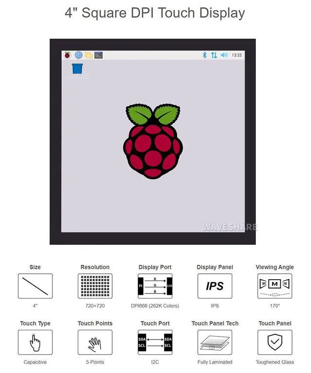 Alt view image 5 of 7 - 4inch Square Capacitive Touch Screen LCD (C) for Raspberry Pi Series Board, 720×720, IPS, DPI, up to 60Hz Refresh Rate