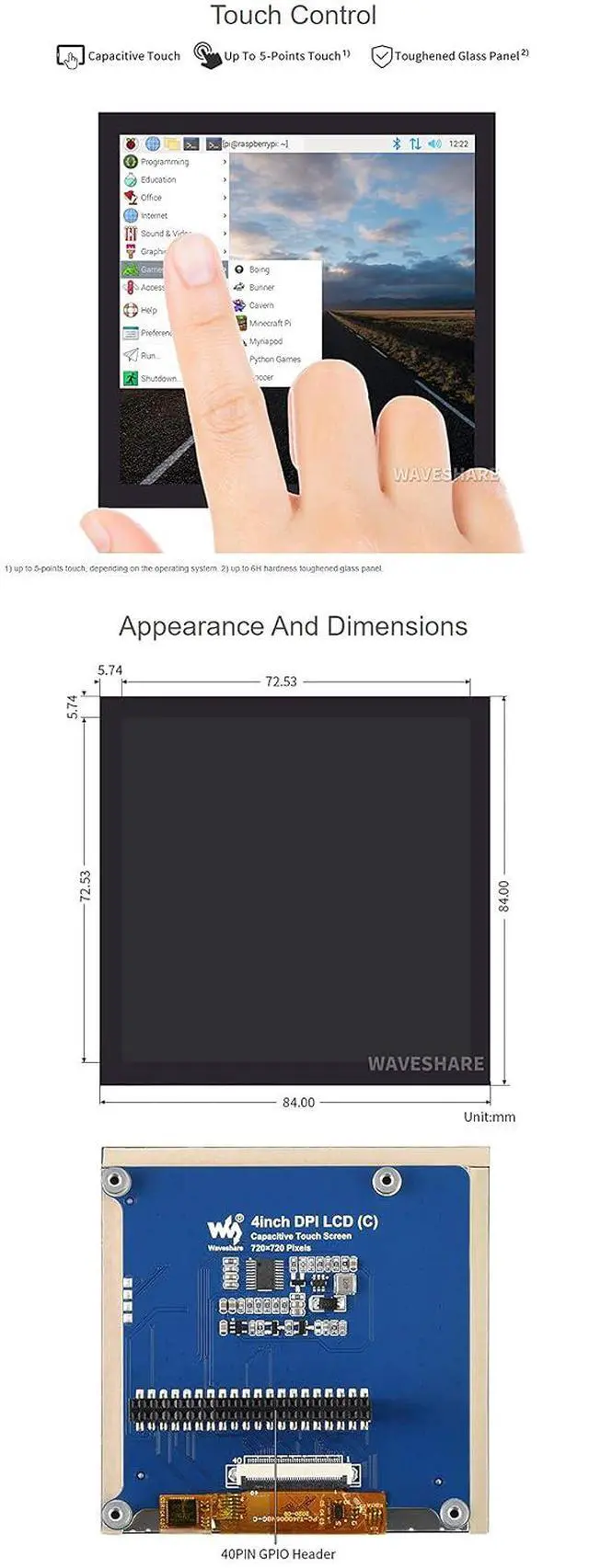 Alt view image 7 of 7 - 4inch Square Capacitive Touch Screen LCD (C) for Raspberry Pi Series Board, 720×720, IPS, DPI, up to 60Hz Refresh Rate