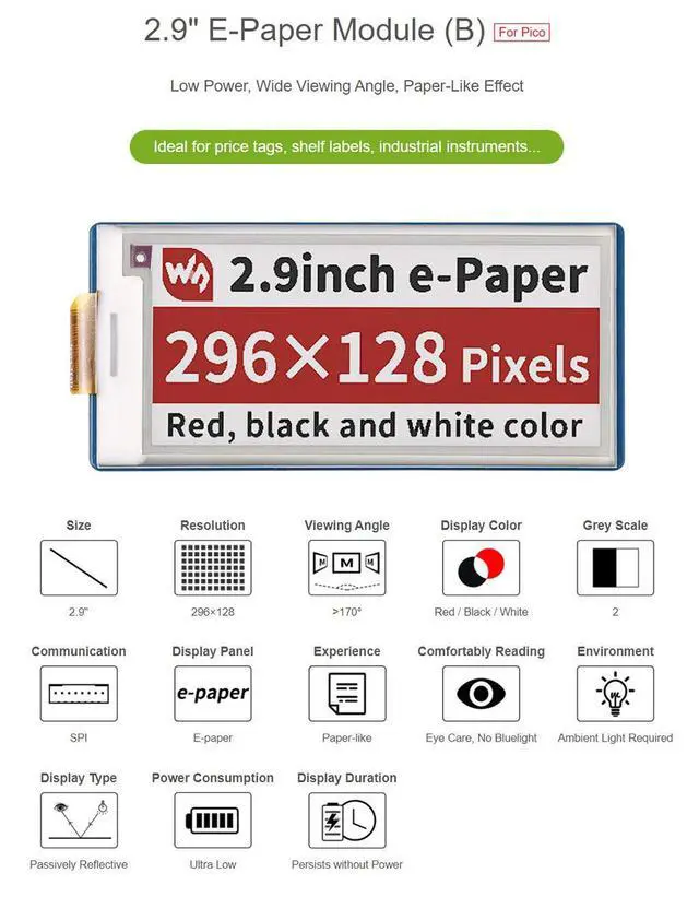 Alt view image 4 of 7 - 2.9inch E-Paper E-Ink Display Module (B) HAT for Raspberry Pi Pico, 296×128 Pixels,SPI Interface, Red/Black/White Three Color, Directly Plug