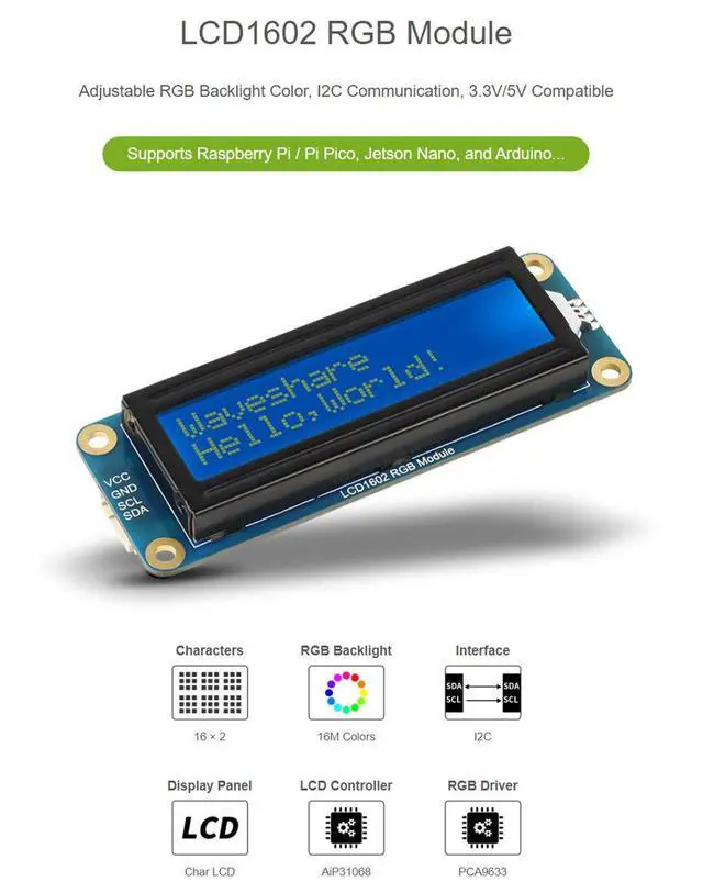 Alt view image 3 of 7 - LCD1602 RGB Module Fits Raspberry Pi/Pi Pico, 16x2 Characters LCD, RGB Backlight, 3.3V/5V Compatible, I2C Bus