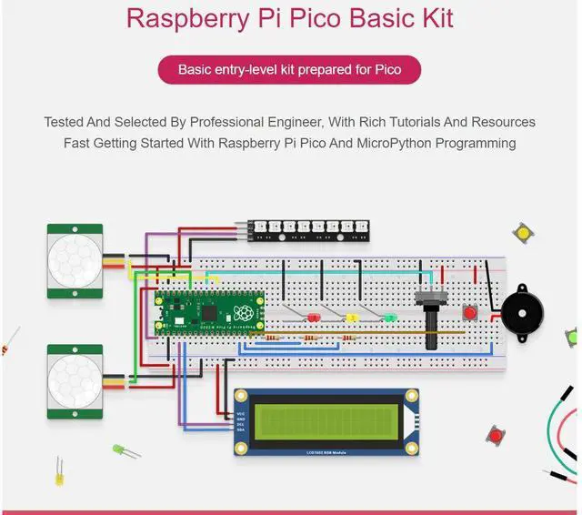 Alt view image 6 of 7 - for Raspberry Pi Pico Basic Kit Pack, MicroPython Programming Learning Kit with The Pico+ Breadboard +LCD1602 RGB Module + PIR Sensor+RGB LED,etc