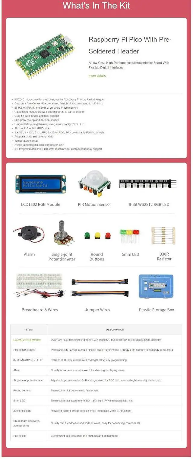 Alt view image 7 of 7 - for Raspberry Pi Pico Basic Kit Pack, MicroPython Programming Learning Kit with The Pico+ Breadboard +LCD1602 RGB Module + PIR Sensor+RGB LED,etc