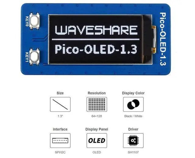 Alt view image 3 of 7 - 1.3inch OLED Display Module HAT for Raspberry Pi Pico Series, Embedded SH1107 Driver,64×128 Pixels, Using SPI/I2C Bus Fast Data Rate