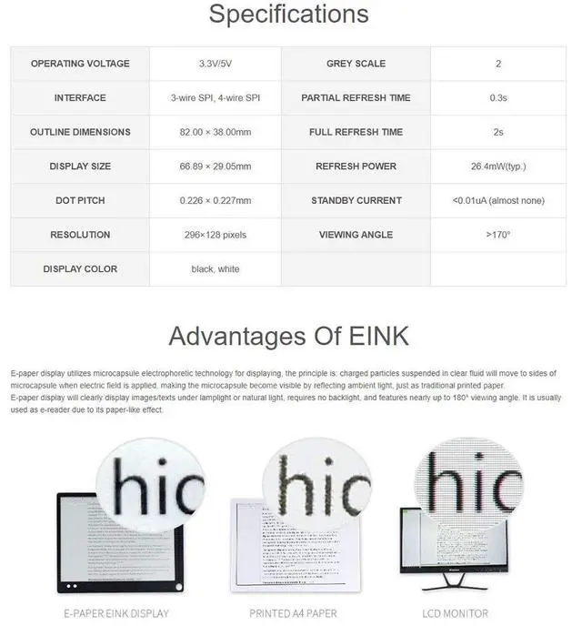 Alt view image 6 of 7 - 2.9inch E-Paper E-Ink Display Module for Raspberry Pi Pico, 296×128 Pixels, Two Colors Black/White, SPI Interface Support Partial Refresh
