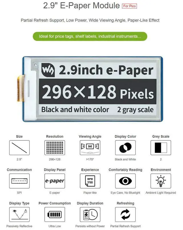Alt view image 5 of 7 - 2.9inch E-Paper E-Ink Display Module for Raspberry Pi Pico, 296×128 Pixels, Two Colors Black/White, SPI Interface Support Partial Refresh