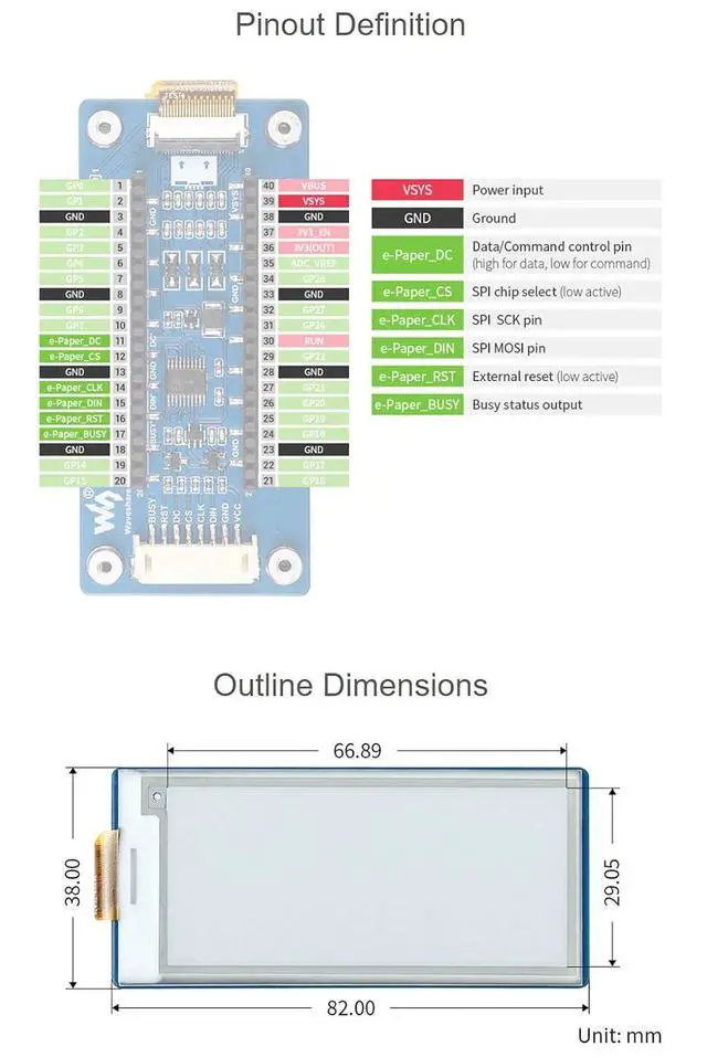 Alt view image 7 of 7 - 2.9inch E-Paper E-Ink Display Module for Raspberry Pi Pico, 296×128 Pixels, Two Colors Black/White, SPI Interface Support Partial Refresh
