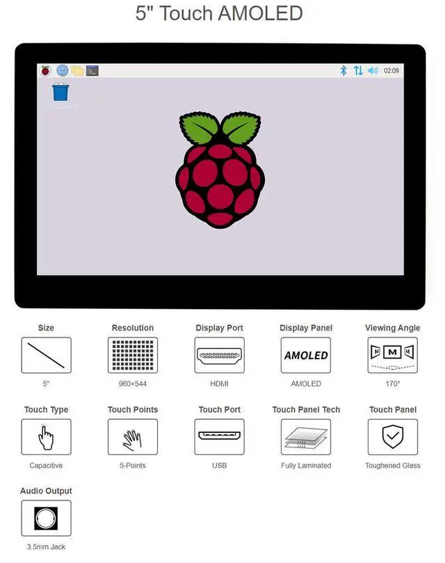 Alt view image 5 of 7 - 5inch Capacitive Touch AMOLED Display for Jetson Nano/Raspbrery Pi, 960×544, HDMI Screen, Fully Laminated Toughened Glass Cover