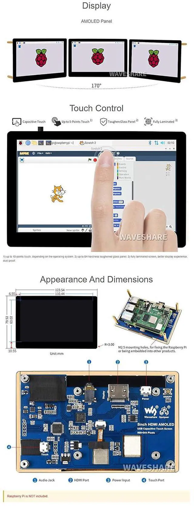Alt view image 7 of 7 - 5inch Capacitive Touch AMOLED Display for Jetson Nano/Raspbrery Pi, 960×544, HDMI Screen, Fully Laminated Toughened Glass Cover
