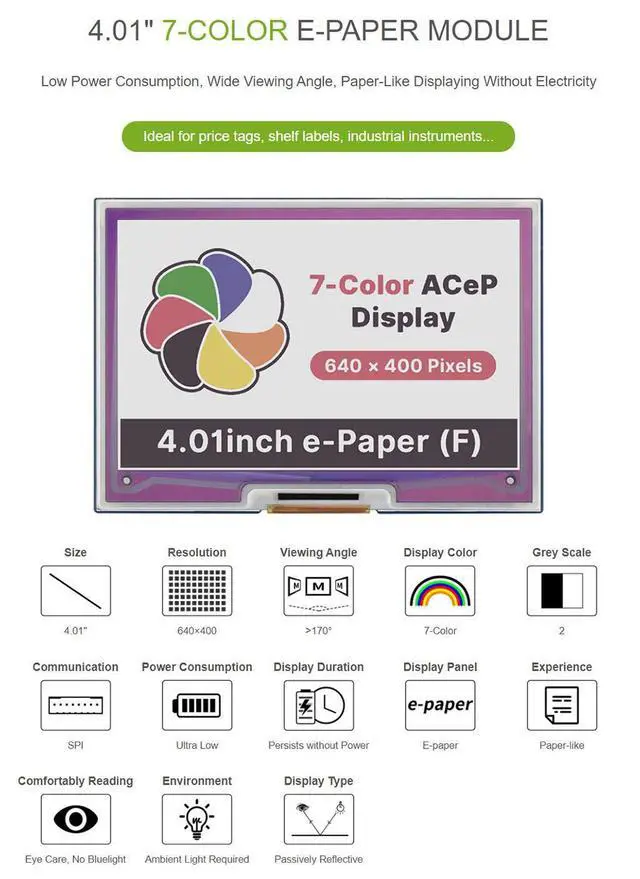 Alt view image 4 of 7 - Colorful 4.01inch E-Paper E-Ink Display HAT for Raspberry Pi/Jetson Nano, ACeP 7-Color, 640×400 Pixels, SPI Interface
