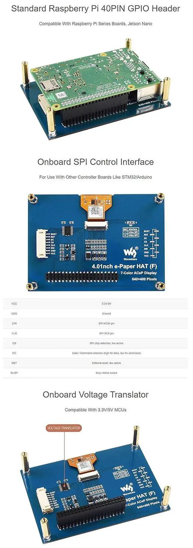 Alt view image 6 of 7 - Colorful 4.01inch E-Paper E-Ink Display HAT for Raspberry Pi/Jetson Nano, ACeP 7-Color, 640×400 Pixels, SPI Interface